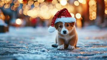ai generato affascinante cucciolo nel un' Natale cappello, superficiale profondità di campo foto