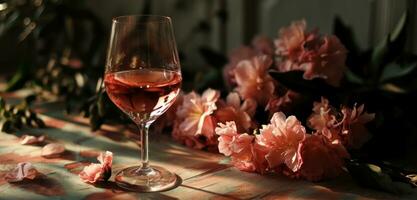 ai generato bicchiere di rosa vino è visualizzato Il prossimo per un' impostato di fiori foto