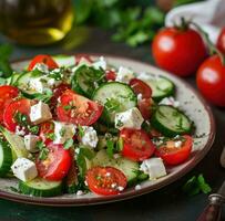 ai generato greco insalata con pomodori e cetrioli foto