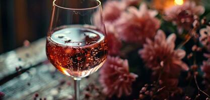 ai generato bicchiere di rosa vino è visualizzato Il prossimo per un' impostato di fiori foto