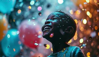 ai generato ragazzo ridendo con palloncini e colorato coriandoli foto