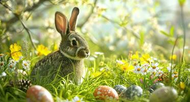 ai generato Pasqua Pasqua conigli e animali nel il primavera prato foto