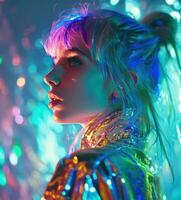 ai generato ragazza nel futuristico con neon colorato capelli foto