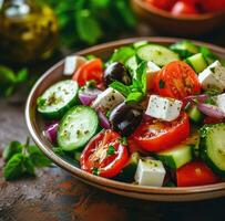 ai generato greco insalata con pomodori e cetrioli foto