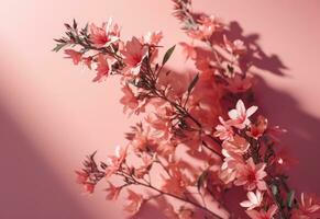 ai generato rosa floreale le foglie su un' rosa superficie foto