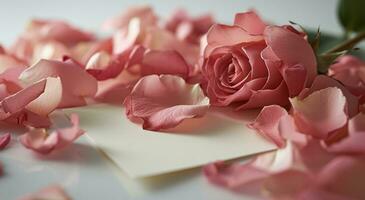 ai generato rosa rosa petali con un' vuoto pezzo di carta, saluto carta e un' rosa carta con rosa Rose foto