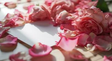 ai generato rosa rosa petali con un' vuoto pezzo di carta, saluto carta e un' rosa carta con rosa Rose foto