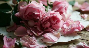 ai generato rosa rosa petali, vuoto bianca carta, e mazzi di fiori azione metraggio foto