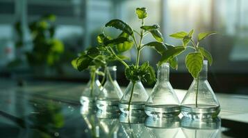 ai generato pianta in crescita nel articoli da laboratorio su bicchiere foto