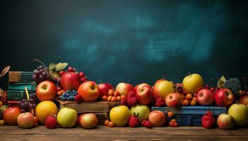 ai generato fresco autunno frutta su un' rustico di legno tavolo, natura regalo generato di ai foto