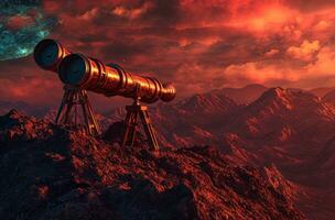 ai generato Due telescopi su un' montagna nel un' buio cielo foto