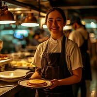 ai generato cameriera sorridente e Tenere pancake nel un' ristorante foto