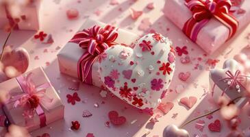 ai generato San Valentino cuore saluto carte e i regali su un rosa sfondo foto