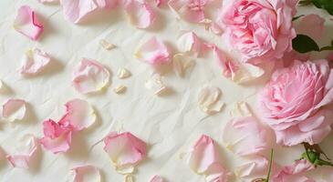 ai generato bianca carta con rosa Rose e petalo fiori sfondo foto