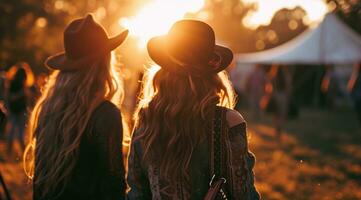 ai generato donne a musica Festival nel estate tramonto foto