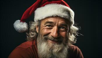 ai generato sorridente anziano uomo nel inverno berretto celebra con regalo generato di ai foto