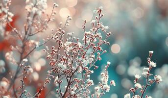 ai generato bokeh, colore dissolvenza e bianca rami con bianca fiori foto