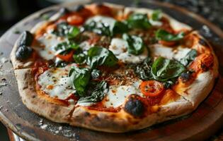 ai generato fresco basilico Pizza con Mozzarella formaggio su di legno piatto foto