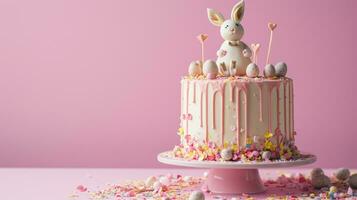 ai generato Pasqua coniglietto celebrazione torta su un' rosa sfondo foto