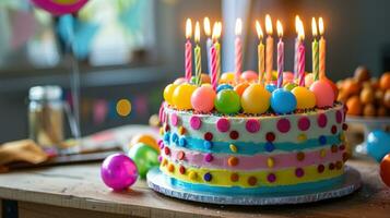 ai generato colorato sottosopra storto compleanno torta con candele foto