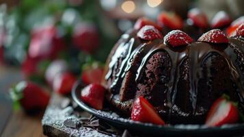 ai generato buio cioccolato bundt torta con ganache glassatura e fragola foto