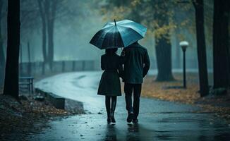 ai generato coppia a piedi mano nel mano nel piovoso giorno con ombrello nel pioggia foto