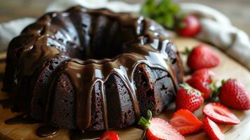 ai generato buio cioccolato bundt torta con ganache glassatura e fragola foto