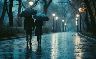 ai generato coppia a piedi mano nel mano nel piovoso giorno con ombrello nel pioggia foto