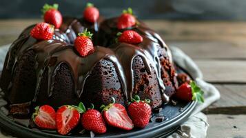 ai generato buio cioccolato bundt torta con ganache glassatura e fragola foto