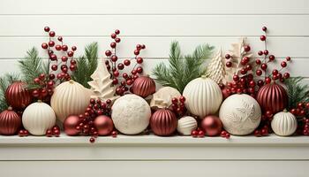 ai generato Natale ornamento decorazione su un' inverno sfondo, regalo di natura generato di ai foto