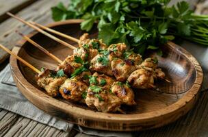 ai generato pollo kebab e prezzemolo su bastoni su un' di legno tavolo foto