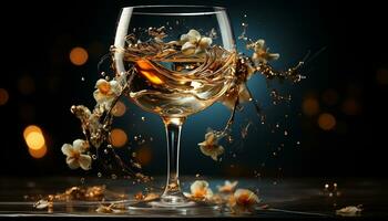 ai generato lusso celebrazione bicchiere di vino, whisky, Champagne, cristallo, oro, illuminato tavolo generato di ai foto
