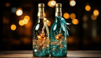 ai generato celebrazione notte vino bottiglia, bere, raggiante bicchiere, Natale luci, festa generato di ai foto