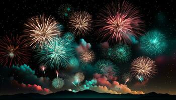 ai generato fuochi d'artificio che esplode nel un' vibrante, Multi colorato celebrazione di estate notte generato di ai foto