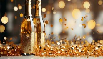 ai generato raggiante Champagne bottiglia versa d'oro liquido, illuminante festivo celebrazione generato di ai foto