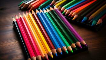 ai generato un' vivace arcobaleno di colorato matite su un' di legno tavolo generato di ai foto