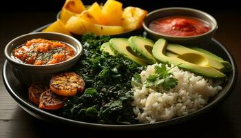 ai generato fresco insalata ciotola con avocado, pomodoro, e grigliato verdure generato di ai foto