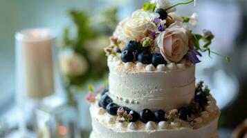 ai generato bianca nozze torta con fiori e mirtilli foto