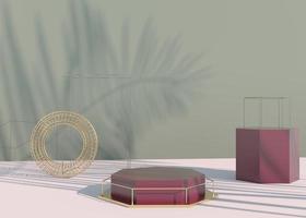 podio con ombre di foglie di palma per la presentazione di prodotti cosmetici. sfondo piedistallo vetrina vuota mock up. rendering 3D.