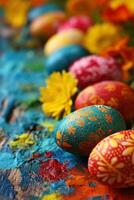 ai generato vivace sfondo, colorato uova, festivo decorazioni foto