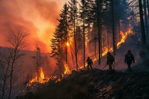 ai generato quattro i vigili del fuoco camminare attraverso un' foresta con fiamme foto