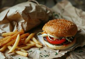 ai generato francese patatine fritte siamo posto su un' carta e hamburger al formaggio foto