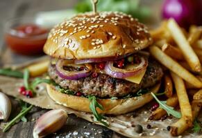 ai generato hamburger e patatine fritte con cipolla e aglio foto