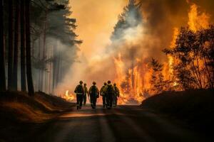 ai generato quattro i vigili del fuoco camminare attraverso un' foresta con fiamme foto