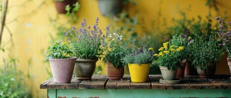 ai generato giardino forniture, impianti, fiori su un' di legno panchina foto