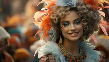 ai generato sorridente donne nel colorato costumi portare bellezza per carnevale generato di ai foto