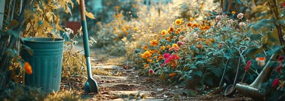 ai generato giardino utensili e all'aperto attrezzatura Il prossimo per un' sentiero foto