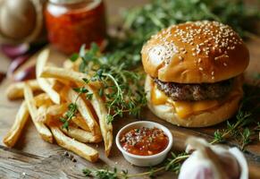 ai generato hamburger e patatine fritte con cipolla e aglio foto