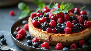 ai generato fatti in casa torta di formaggio con fresco frutti di bosco e menta per dolce foto