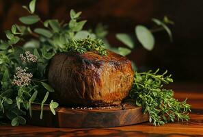 ai generato bistecca su un' di legno tavola con erbe aromatiche e spezie foto